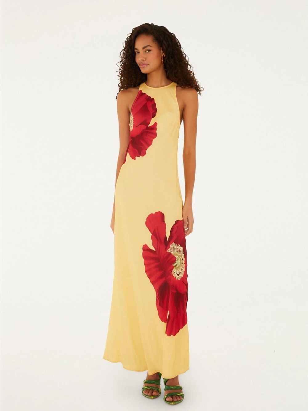 Farm Rio Light Yellow Poppy Flowers Sleeveless Maxi Dress size large